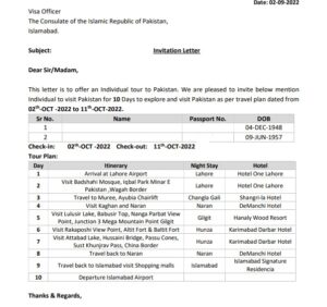 sample invitation Letter for pakistan visa